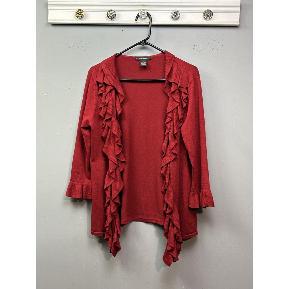 Grace Elements Cardigan Womens Large Red Open Front Ruffle Trim 3/4 Sleeve Knit